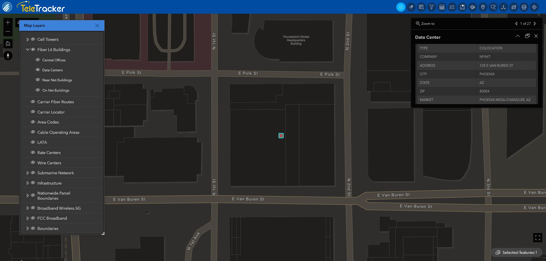 A data center in Arizona is displayed on TeleTracker's Navigation Dark Mode base map. This map is the dark/ nighttime mode used with many familiar GPS applications. 