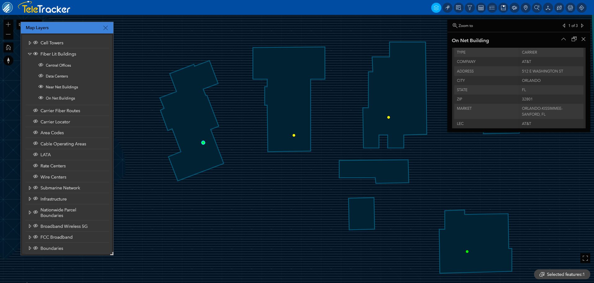 TeleTracker's Nova base map displays fiber-lit buildings in Orlando, FL, denoted by high-contrast symbols. 
