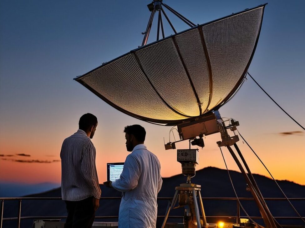 Two men reviewing telecom data next to a satellite during the SpaceX IPO.