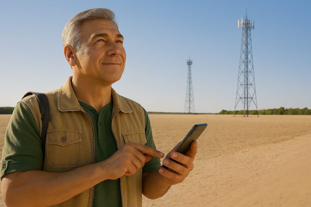 A person standing in a wide, sandy open area under a clear blue sky, holding a smartphone in one hand. The user is wearing a utility vest while seeing if satellite phones will replace cell towers.