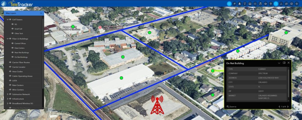 Aerial view of Orlando map with carrier fiber routes and cell tower telecom assets for telecom GIS shown on a telecom locator tool.