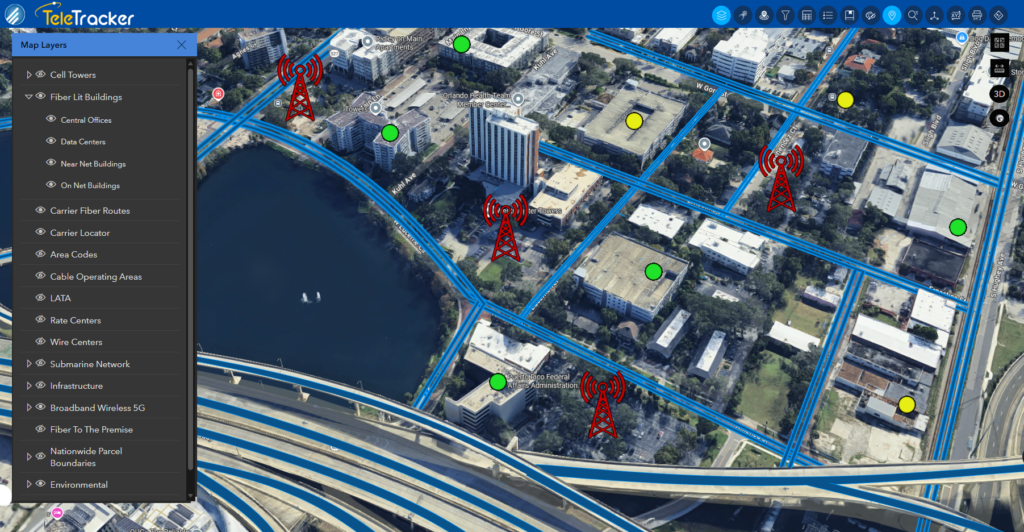 Orlando carrier fiber routes metro city with cell tower locations.